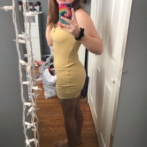 Mustard yellow button front body con mini dress